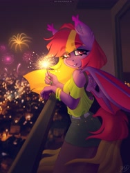 Size: 3077x4096 | Tagged: safe, artist:irinamar, oc, oc only, bat pony, anthro, balcony, eyebrows, eyebrows visible through hair, female, fireworks, looking at you, night, solo, sparkler (firework)