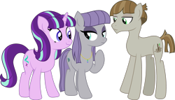 Size: 2269x1295 | Tagged: safe, artist:littlejurnalina, maud pie, mudbriar, starlight glimmer, earth pony, pony, unicorn, g4, female, hooves, horn, lidded eyes, looking at each other, looking at someone, male, mare, raised hoof, simple background, size difference, stallion, standing, tail, transparent background, trio