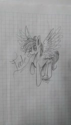 Size: 720x1279 | Tagged: safe, artist:kathepart, oc, oc only, oc:fededash, pegasus, pony, flying, graph paper, grayscale, monochrome, solo, spread wings, traditional art, wings