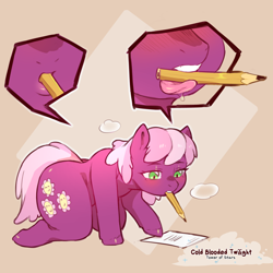 Size: 1200x1200 | Tagged: safe, artist:cold-blooded-twilight, cheerilee, earth pony, semi-anthro, g4, arm hooves, beige background, blushing, kneeling, lidded eyes, mouth hold, mouthplay, panting, paper, pencil, simple background, solo, tongue out, unshorn fetlocks, writing