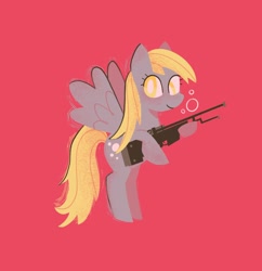 Size: 1982x2048 | Tagged: safe, artist:cyberspit, derpy hooves, pegasus, pony, g4, gun, red background, rifle, simple background, sniper rifle, solo, weapon, white pupils