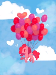 Size: 1535x2048 | Tagged: safe, artist:cyberspit, pinkie pie, earth pony, pony, g4, balloon, cloud, floating, heart, heart balloon, sky background, solo, then watch her balloons lift her up to the sky