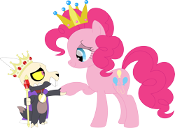 Size: 3570x2626 | Tagged: safe, artist:porygon2z, pinkie pie, earth pony, pony, titan, g4, clothes, collar, crossover, crown, duo, duo male and female, female, high res, jewelry, king, king clawthorne, male, namesake, pet tag, pun, queen, regalia, robe, scepter, show accurate, simple background, skull, the owl house, transparent background, visual pun