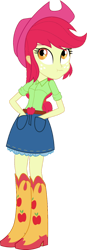 Size: 526x1519 | Tagged: safe, artist:assassins-creed1999, apple bloom, applejack, equestria girls, g4, belt, boots, clothes, clothes swap, cowboy boots, cowboy hat, cowgirl, freckles, hat, high heel boots, palette swap, recolor, shirt, shoes, simple background, skirt, solo, stetson, transparent background