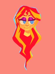 Size: 1000x1334 | Tagged: safe, artist:cyberspit, sunset shimmer, equestria girls, g4, bust, eyelashes, eyeshadow, female, freckles, lidded eyes, makeup, orange background, peppered bacon, pink background, simple background, solo