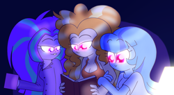 Size: 5580x3060 | Tagged: safe, artist:iceflower99, adagio dazzle, aria blaze, sonata dusk, equestria girls, g4, book, breasts, busty adagio dazzle, clothes, disguise, disguised siren, pajamas, reading, the dazzlings, video at source