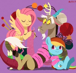 Size: 1193x1150 | Tagged: safe, artist:efuji_d, discord, fluttershy, rainbow dash, draconequus, earth pony, pegasus, pony, g4, cute, dexterous hooves, eyes closed, female, knitting, knitting needles, looking at each other, looking at someone, male, mare, purple background, shyabetes, signature, simple background, smiling, tied up, trio, worried, yarn, yarn ball