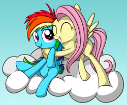 Size: 1477x1230 | Tagged: safe, artist:reconprobe, fluttershy, rainbow dash, pegasus, pony, g4, cloud, female, filly, filly fluttershy, filly rainbow dash, hug, younger