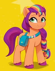 Size: 1594x2048 | Tagged: safe, artist:maren, sunny starscout, earth pony, pony, g5, my little pony: tell your tale, bag, cute, female, mane stripe sunny, mare, multicolored hair, rainbow hair, simple background, solo, sunnybetes, unshorn fetlocks, yellow background