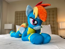 Size: 2048x1536 | Tagged: safe, artist:lanacraft, rainbow dash, pegasus, pony, g4, bed, bedroom, clothes, female, folded wings, irl, life size, lying down, mare, photo, plushie, prone, skinsuit, solo, tail, tail hole, uniform, wings, wonderbolts uniform, zipper