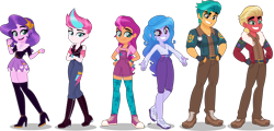 Size: 4000x1926 | Tagged: safe, artist:orin331, hitch trailblazer, izzy moonbow, pipp petals, sprout cloverleaf, sunny starscout, zipp storm, human, equestria girls, g4, g5, my little pony: a new generation, accessory, boots, bracelet, braid, clothes, converse, crossed arms, cutie mark on clothes, dress, equestria girls-ified, female, fingerless gloves, frown, g5 to equestria girls, g5 to g4, generation leap, gloves, graveyard of comments, grin, group, hand on hip, high res, jacket, jewelry, leather, leather boots, leather jacket, looking at you, male, mane five, movie accurate, open mouth, open smile, overalls, pants, sextet, shadow, shoes, simple background, smiling, sneakers, sprout joins the mane five, standing, stockings, thigh boots, thigh highs, thigh socks, transparent background, uniform, wall of tags