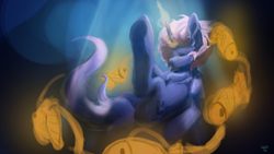 Size: 3840x2160 | Tagged: safe, artist:rainsketch, oc, oc only, oc:can opener, fish, pony, unicorn, fish whisperer, beautiful, butt, crepuscular rays, eyes closed, floating, flowing tail, glowing, glowing horn, high res, horn, magic, ocean, plot, signature, smiling, solo, sunlight, tail, underwater, vylet pony, water
