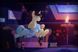 Size: 3000x2007 | Tagged: source needed, safe, artist:rish--loo, oc, oc only, oc:eternal light, alicorn, cat, pony, unicorn, alcohol, alicorn oc, blue eyes, book, bottle, candle, carpet, cloud, couch, duo, duo male and female, fairy lights, female, glass, high res, hoof on head, horn, male, mare, picture frame, plant pot, ponytail, reading, red wine, shadow, sitting, sleeping, smiling, stallion, table, tail, two toned mane, two toned tail, unicorn oc, window, wine, wine bottle, wine glass, wings