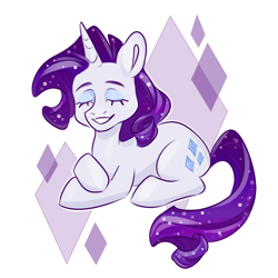 Size: 1280x1280 | Tagged: safe, artist:domorri, rarity, pony, unicorn, crossed hooves, eyes closed, eyeshadow, female, lying down, makeup, mare, prone, simple background, smiling, solo, sparkles, white background