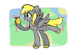 Size: 4960x3508 | Tagged: safe, artist:roachtoon, derpy hooves, insect, pegasus, pony, g4, cute, derpabetes, derpy day, outdoors, raised hoof, simple background, solo, spread wings, transparent background, tree, unshorn fetlocks, wings