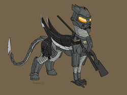 Size: 1500x1124 | Tagged: safe, artist:fullmetaldreams, oc, griffon, fallout equestria, armor, beeg, crossover, fallout equestria: all roads lead home, griffon oc, gun, metro, metro 2033, power armor, roadside picnic, s.t.a.l.k.e.r., science fiction, shotgun, simple background, solo, weapon