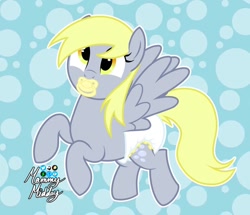 Size: 900x775 | Tagged: safe, artist:mommymidday, derpy hooves, pegasus, pony, abdl, adult foal, blonde, cross-eyed, cute, derpabetes, diaper, diaper fetish, fetish, flying, non-baby in diaper, pacifier, show accurate, simple background, solo, spread wings, wings