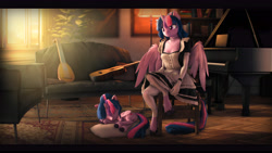Size: 9600x5400 | Tagged: safe, artist:imafutureguitarhero, sci-twi, twilight sparkle, alicorn, classical unicorn, pony, anthro, unguligrade anthro, g4, 3d, absurd resolution, acoustic guitar, anthro ponidox, anthro with ponies, black bars, book, bookshelf, butt, carpet, chair, cheek fluff, chest freckles, chromatic aberration, clothes, cloven hooves, colored eyebrows, colored eyelashes, couch, curtains, cute, daaaaaaaaaaaw, dress, duo, dust, ear fluff, ear freckles, ear piercing, earring, eyes closed, female, film grain, floppy ears, fluffy, fluffy mane, fluffy tail, freckles, french maid, fur, gloves, glowing, guitar, hoof fluff, horn, indoors, jewelry, lamp, leg fluff, leggings, leonine tail, letterboxing, long gloves, long socks, lute, maid, maidlight sparkle, mare, multicolored hair, multicolored mane, multicolored tail, musical instrument, necklace, nose wrinkle, outfit, paintover, piano, piercing, pillow, plot, potted plant, revamped anthros, revamped ponies, satin, sci-twilicorn, seat, self paradox, self ponidox, signature, sitting, sleeping, smiling, socks, source filmmaker, stool, tail, twiabetes, twilight sparkle (alicorn), underhoof, unshorn fetlocks, volumetric light, wall of tags, window, wing fluff, wings, wooden floor