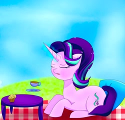 Size: 2048x1962 | Tagged: safe, artist:zeon_starlight, starlight glimmer, pony, unicorn, g4, cup, drink, eyes closed, female, food, magic, mare, muffin, picnic, picnic blanket, plate, sitting, solo, table, telekinesis