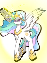 Size: 768x1024 | Tagged: safe, artist:zeon_starlight, princess celestia, alicorn, pony, g4, celestia is not amused, female, gem, jewelry, looking at you, magic, magic aura, mare, regalia, solo, spread wings, unamused, wings