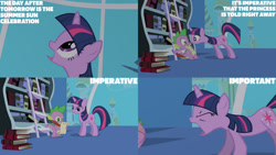 Size: 1280x720 | Tagged: safe, edit, edited screencap, editor:quoterific, screencap, spike, twilight sparkle, dragon, pony, unicorn, friendship is magic, g4, season 1, book, bookshelf, duo, eyes closed, female, ladder, looking up, male, mare, open mouth, quill, scroll, text, twilight's canterlot home, unicorn twilight
