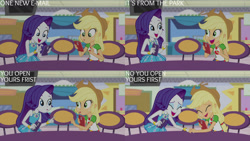 Size: 1280x720 | Tagged: safe, edit, edited screencap, editor:quoterific, screencap, applejack, rarity, equestria girls, equestria girls specials, g4, my little pony equestria girls: better together, my little pony equestria girls: rollercoaster of friendship, :o, applejack's hat, belt, bracelet, cellphone, clothes, cowboy hat, denim skirt, duo, duo female, eyes closed, female, geode of shielding, geode of super strength, hairpin, hat, jewelry, magical geodes, open mouth, open smile, phone, rarity peplum dress, skirt, smartphone, smiling, text