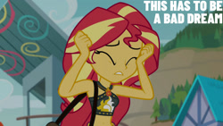Size: 1280x720 | Tagged: safe, edit, edited screencap, editor:quoterific, screencap, sunset shimmer, equestria girls, equestria girls specials, g4, my little pony equestria girls: better together, my little pony equestria girls: forgotten friendship, beach, belly button, eyes closed, female, geode of empathy, implied pain, jewelry, magical geodes, necklace, solo, text