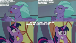 Size: 1280x720 | Tagged: safe, edit, edited screencap, editor:quoterific, screencap, seaspray, twilight sparkle, alicorn, hippogriff, pony, g4, school daze, season 8, cute, duo, female, grin, male, mare, open mouth, open smile, school of friendship, smiling, text, twiabetes, twilight sparkle (alicorn)