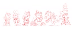 Size: 1418x601 | Tagged: safe, artist:mellodillo, applejack, fluttershy, pinkie pie, rainbow dash, rarity, twilight sparkle, alicorn, earth pony, pegasus, unicorn, anthro, unguligrade anthro, g4, animal crossing, arm hooves, book, cake, chef's hat, clothes, exclamation point, eyes closed, female, food, hat, jewelry, mane six, mare, monochrome, necklace, overalls, plaid shirt, present, redscale, shirt, simple background, skirt, sparkles, twilight sparkle (alicorn), white background