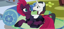Size: 739x338 | Tagged: safe, artist:decokenite, edit, edited screencap, screencap, chancellor neighsay, fizzlepop berrytwist, tempest shadow, pony, unicorn, g4, armor, bed, bedroom eyes, broken horn, clothes, duo, female, horn, i ship it, just kiss already, looking at each other, looking at someone, male, mare, photo, robe, shipping, shipping fuel, stallion, straight, tempest neighsay