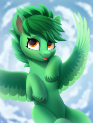 Size: 1500x2000 | Tagged: safe, artist:luminousdazzle, oc, oc only, oc:silvia, pegasus, pony, :p, bangs, birthday, birthday gift, blank flank, blurry background, cloud, cute, day, eyebrows, eyelashes, feathered wings, female, flying, green, looking up, mare, orange eyes, outdoors, pegasus oc, sky, smiling, solo, spread wings, tongue out, unshorn fetlocks, wings