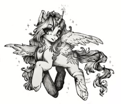 Size: 3496x3000 | Tagged: oc name needed, safe, artist:sugarrrpeach, oc, oc only, alicorn, pony, cute, eye clipping through hair, grayscale, high res, monochrome, simple background, solo, white background