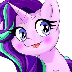 Size: 768x768 | Tagged: safe, artist:zeon_starlight, starlight glimmer, pony, unicorn, g4, cute, female, glimmerbetes, looking at you, mare, simple background, solo, starry eyes, tongue out, white background, wingding eyes