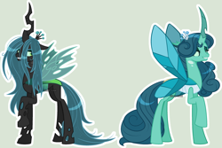 Size: 2845x1903 | Tagged: safe, artist:stormcloud-yt, queen chrysalis, changedling, changeling, changeling queen, g4, base used, changedling queen, duality, female, purified chrysalis, raised hoof, simple background