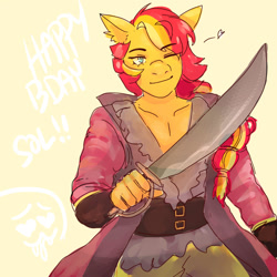 Size: 1024x1024 | Tagged: safe, artist:silkytea-cafe, oc, oc only, pegasus, anthro, clothes, happy birthday, male, one eye closed, pegasus oc, simple background, smiling, sword, weapon, wingless, wingless anthro, wink, yellow background