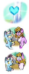 Size: 1210x3129 | Tagged: safe, artist:goldlines005, oc, oc only, pony, unicorn, chest fluff, comic, crystal heart, duo, female, horn, mare, smiling, unicorn oc