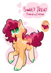 Size: 2068x2980 | Tagged: safe, artist:goldlines005, oc, oc only, earth pony, pony, :p, abstract background, chest fluff, earth pony oc, female, high res, mare, offspring, parent:cheese sandwich, parent:pinkie pie, parents:cheesepie, reference sheet, smiling, solo, tongue out