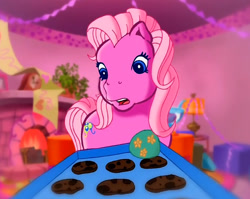 Size: 991x787 | Tagged: safe, screencap, pinkie pie (g3), g3, meet the ponies, pinkie pie's party party, burnt, cookie, food, tray