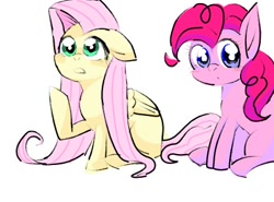 Size: 428x316 | Tagged: safe, artist:yukkuri_yu_yu, fluttershy, pinkie pie, earth pony, pegasus, pony, g4, duo, female, looking at you, looking up, mare, raised hoof, simple background, sitting, white background, wings