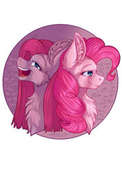Size: 1024x1449 | Tagged: safe, artist:maneblue, pinkie pie, earth pony, pony, g4, bust, chest fluff, duality, duo, ear fluff, female, laughing, mare, pinkamena diane pie, simple background, smiling, smirk, transparent background