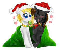 Size: 3316x2722 | Tagged: safe, artist:kaikururu, oc, oc only, earth pony, pony, unicorn, blanket, blushing, chocolate, christmas, commission, cookie, duo, earth pony oc, food, hat, heart, high res, holiday, horn, hot chocolate, jewelry, mug, necklace, oc x oc, open mouth, santa hat, shipping, simple background, smiling, transparent background, unicorn oc, ych result