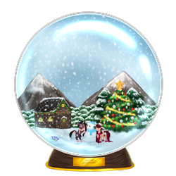 Size: 4000x4000 | Tagged: safe, artist:kaikururu, oc, oc only, earth pony, pony, unicorn, building, christmas, christmas tree, clothes, commission, duo, earth pony oc, holiday, horn, micro, mountain, scarf, simple background, snow globe, snowman, transparent background, tree, unicorn oc, ych result