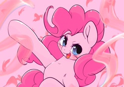 Size: 2048x1430 | Tagged: safe, artist:kurogewapony, pinkie pie, earth pony, pony, g4, abstract background, blushing, cute, diapinkes, female, looking at you, mare, open mouth, open smile, pink background, simple background, smiling, smirk, solo