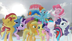 Size: 1366x768 | Tagged: safe, artist:dracoecpilse, applejack, fluttershy, pinkie pie, rainbow dash, rarity, starlight glimmer, sunset shimmer, trixie, twilight sparkle, oc, oc:solar eclipse, alicorn, earth pony, pegasus, pony, unicorn, g4, 3d, cerberus pony, gmod, mane six, multiple heads, three heads, two heads
