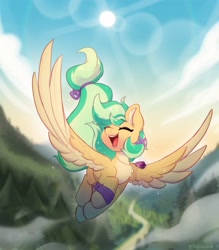 Size: 2809x3204 | Tagged: safe, artist:oofycolorful, oc, oc only, oc:summer ray, pegasus, pony, commission, eyes closed, female, flying, forest, happy, high res, lens flare, mare, open mouth, open smile, river, scenery, smiling, solo, water