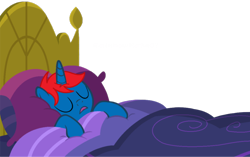 Size: 1098x691 | Tagged: safe, artist:rainbowkate07, artist:ry-bluepony1, oc, oc only, oc:train track, pony, unicorn, a health of information, g4, base used, bed, comfy, eyes closed, horn, male, mane, pillow, sheet, show accurate, simple background, sleeping, snoring, solo, stallion, transparent background