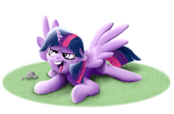 Size: 1978x1298 | Tagged: safe, artist:doodledonutart, twilight sparkle, alicorn, pony, g4, female, floppy ears, grass, hooves, horn, lying down, mare, open mouth, prone, simple background, solo, spread wings, twilight sparkle (alicorn), white background, wings