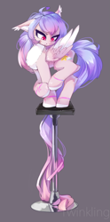 Size: 949x1920 | Tagged: safe, artist:twinkling, oc, oc only, oc:twinkling, pegasus, pony, ahoge, body markings, chest fluff, colored ear fluff, colored ear tufts, colored ears, colored hooves, colored wings, ear fluff, ear tufts, female, fluffy, gradient mane, gradient tail, impossibly long tail, long tail, mare, markings, pale belly, red eyes, simple background, solo, standing on two hooves, stool, tail, two toned wings, wings