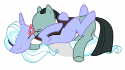 Size: 700x394 | Tagged: safe, artist:arshe12, sans smirk, sugarcoat, earth pony, unicorn, equestria girls, g4, blank flank, commission, commissioner:iv's, hug, male, shipping, simple background, sleeping, stallion, sugarsmirk, transparent background, ych result