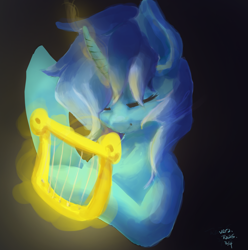 Size: 2139x2160 | Tagged: safe, artist:rainsketch, lyra heartstrings, pony, unicorn, g4, black background, bust, dark background, eyes closed, female, glowing, glowing horn, high res, horn, lyre, magic, magic aura, mare, musical instrument, playing instrument, portrait, simple background, solo